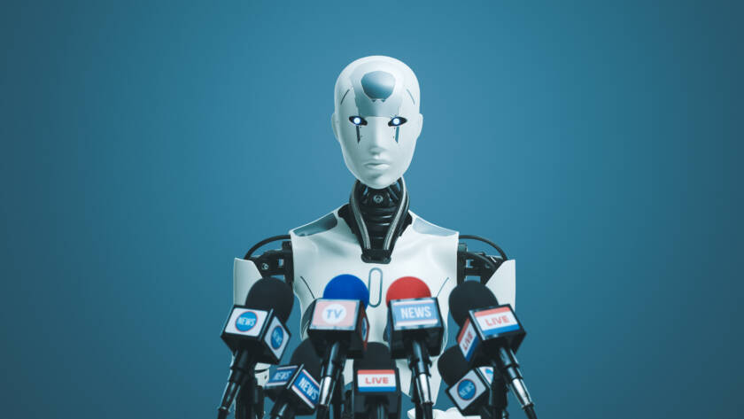 Android AI robot speaking at the press conference