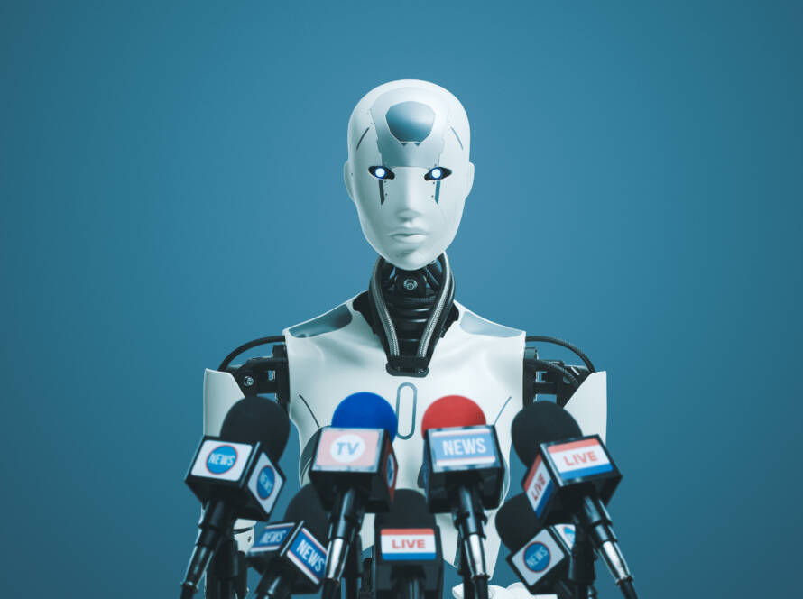 Android AI robot speaking at the press conference